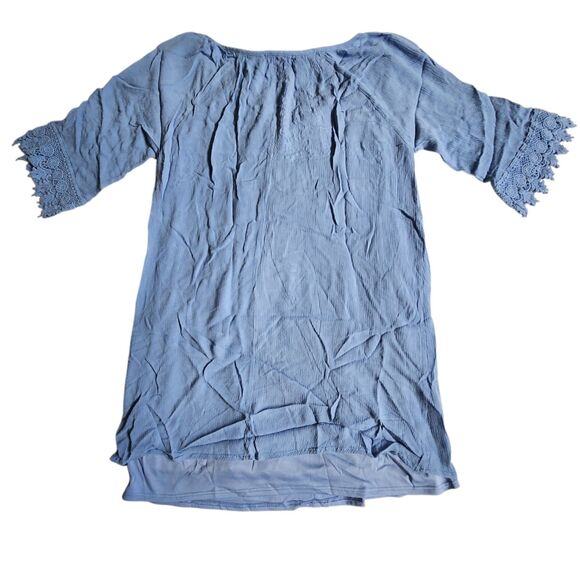 NAIF Light Blue Embroidered Floral V Neck Tie Boho Shift Mini Dress sz M - Picture 3 of 11